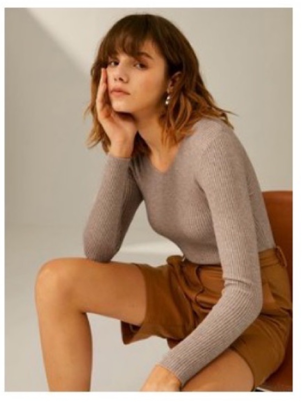 Commense Ribbed V-Neck Long Sleeve Sweater - Dusty Rose